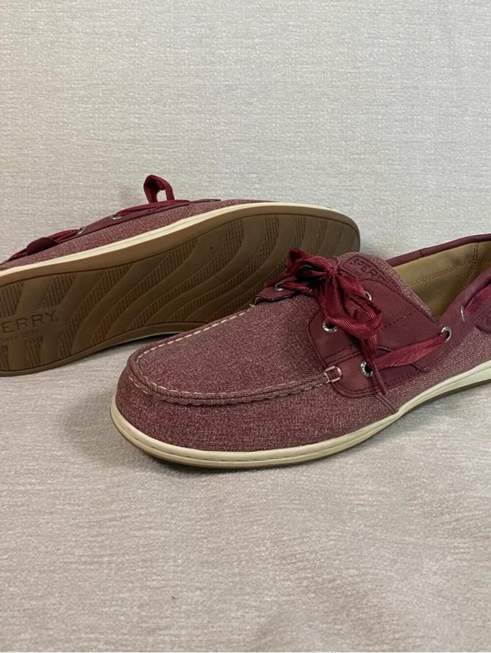 Sperry Burgundy Wine Chambray Sparkle Koifish Boat Shoes Ribbon Laces Koi Fish
